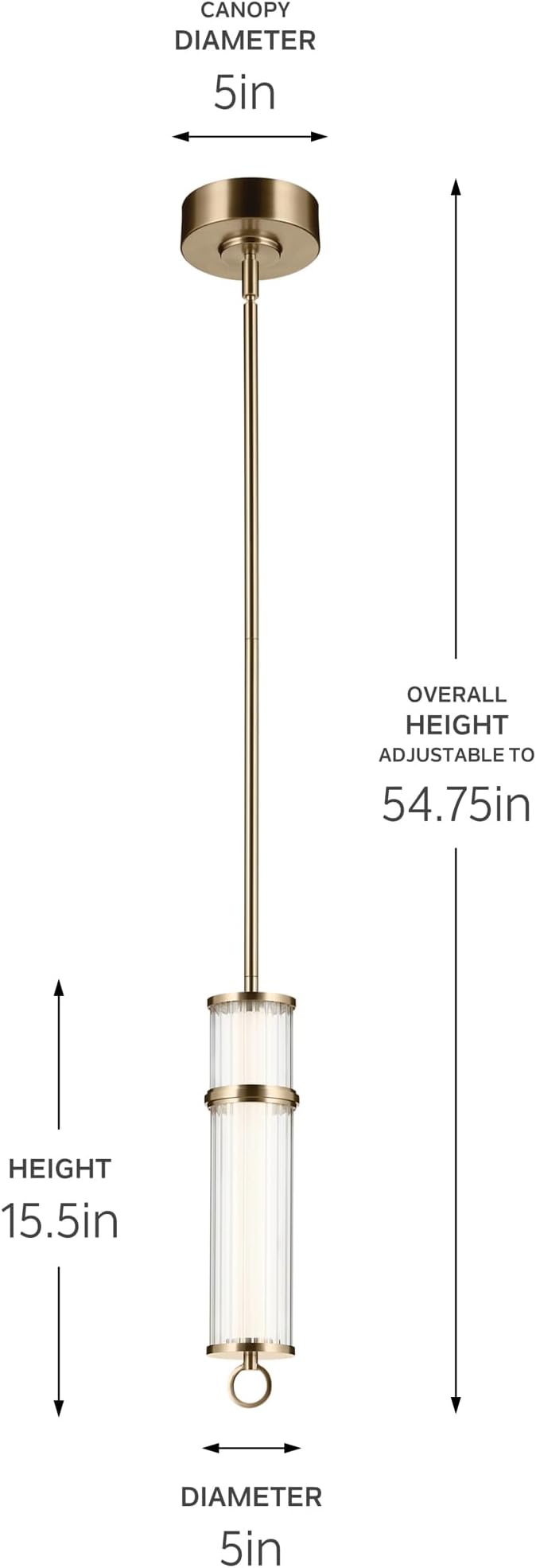 Kichler Riven LED 1-Light Pendant with Clear Fluted Glass in Champagne Bronze, Sloped Ceiling Compatible, for Kitchen or Dining Room (15.5" x 5"), 52755CPZLED