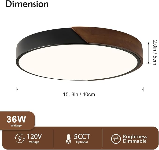 Modern LED Ceiling Light, Dark Walnut Wood Minimalist Flush Mount Ceiling Light Fixture, Dimmable Circle Lighting Lamp with Acrylic Lampshade for Bedroom Hallway Kitchen 15.8"