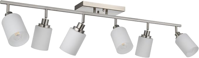 6-Lights Track Lighting Ceiling, Ceiling Spotlight Fixtures Brushed Nickel Bathroom Vanity Lighting with Opal White Glass, E26 Bulb Base