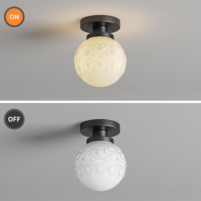 Daunton Semi Flush Mount Ceiling Light, Modern Globe Milk Glass Ceiling Light Fixture, Vintage Small Black Hallway Light Fixtures for Kitchen, Entryway, Bathroom, Closet
