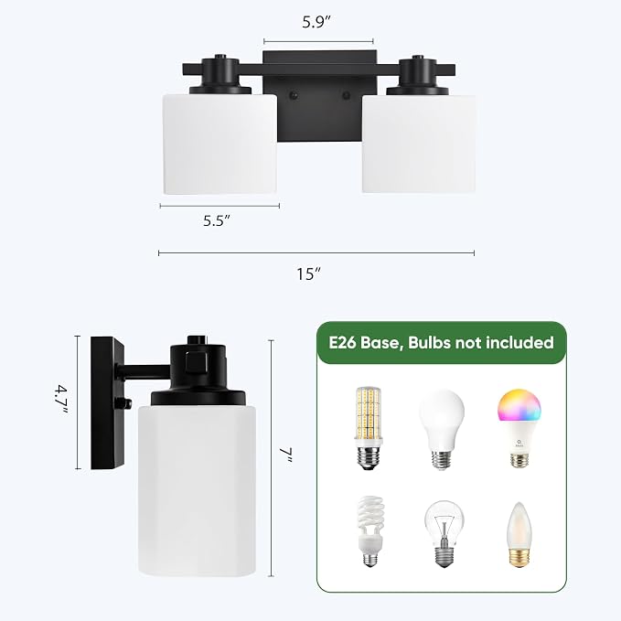 15 Inch Black Bathroom Light Fixtures over Mirror 2 Light Matte Black Vanity Light Milk Glass Makeup Shower Lamp Small Farmhouse Wall Sconce Modern Desk Vintage Rustic Bath above Sink Lighting