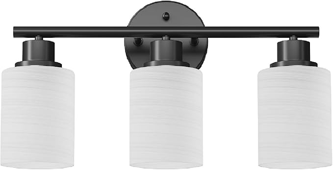 3-Light Bathroom Light Fixtures, Black Vanity Lights for Mirror with Textured Milky White Glass Shade, E26 Base Modern Kitchen Light Fixtures Wall Sconce Light