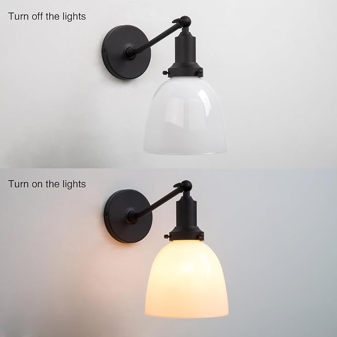 Industrial Sconces Vintage Slope Pole Wall Mount Single Sconce with 6.7" Oval Dome Milk White Glass Shade Wall Light Fixture for Livingroom Bedroom
