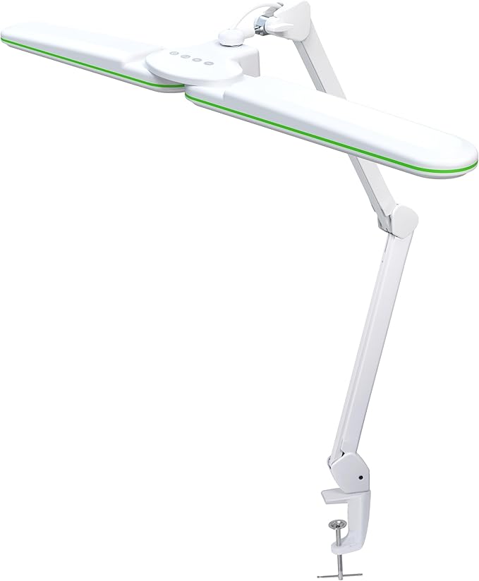 Neatfi Elite HD XL LED Desk Lamp | 3 Light Modes | Non-Polar Dimming | Eye-Caring Desk Light for Home Office, Drafting, Beauty Shop, Workbench (CCT with Clamp, Green Ring, 17 Inches)