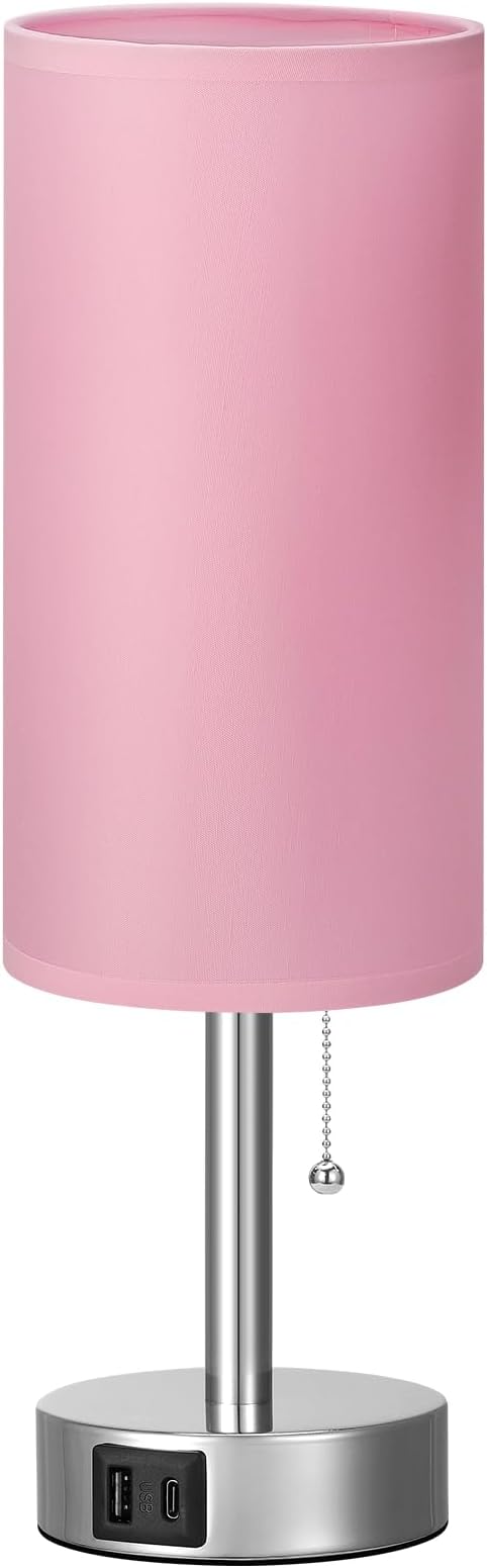 Pink Bedside Table Lamp for Bedroom - Small Nightstand Lamp for Girls | 3 Color Temp, USB A+C Ports, LED Bulb Included, Soft Pink Fabric Shade, Sleek Silver Metal Base, 14" Desk Lamp for Kids Dorm