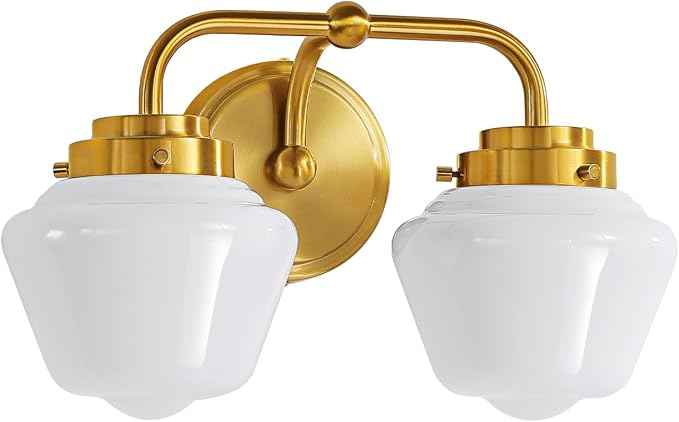 RUIYEY Bathroom Vanity Light Fixtures: 2-Lights Gold Bathroom Lighting Fixtures Over Mirror, Mid-Century Modern Wall Sconces with Frosted Milky Glass for Kitchen Bedroom Hallway