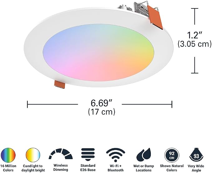 HALO HLB6099WZRGBWMWR 6” Smart Wi-Fi Slim Canless LED Downlight Powered by WiZ Pro, Dimmable Full Color with Smart Home Integration (Pack of 4)