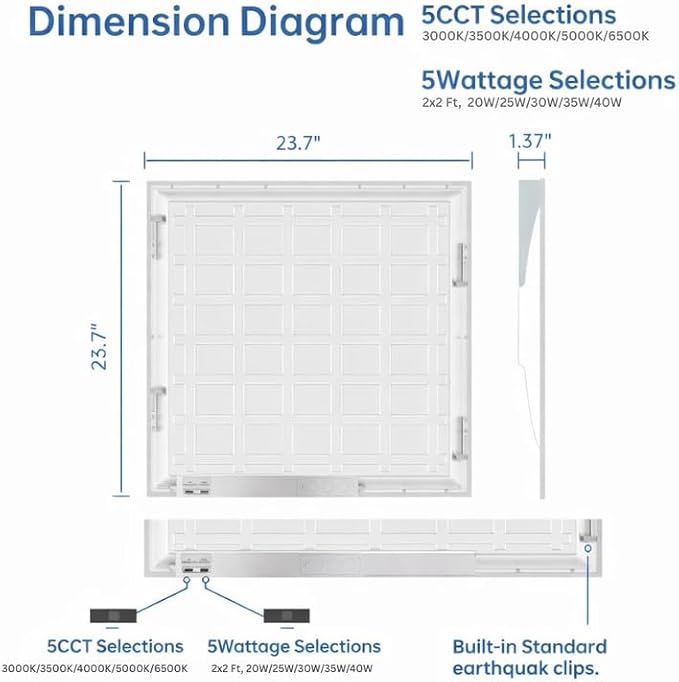 10 Pack 2x2 LED Flat Panel Light for Drop Ceiling, 5200lm Selectable 20W/25W/30W/35W/40W, Color Temperature 3000K/3500K/4000K/5000K/6500K, 0-10V Dimmable, 120-277V, ETL, DLC