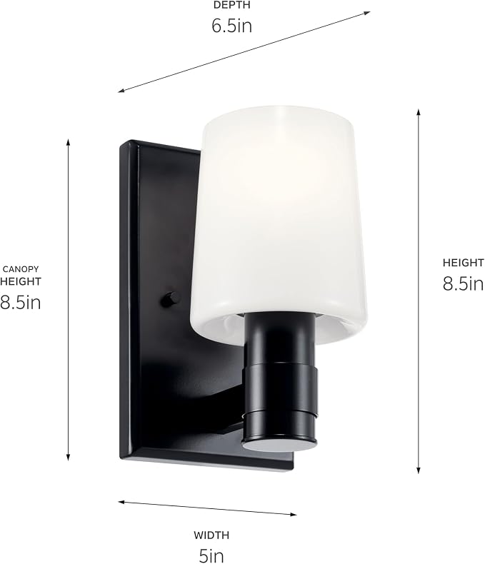 Kichler Adani 1-Light Wall Sconce, Modern Light with Opal Glass in Black, for Bathroom, Powder Room, Kitchen, Bedroom, or Hallway (8.5" x 5"), 55174BK
