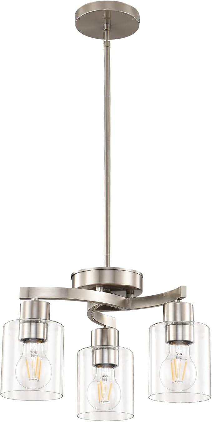 Modern Dining Room Chandelier, 3-Light Brushed Nickel Pendant Light | Industrial Pendant Light, Clear Glass Shade, Adjustable Height, E26, Dimmable
