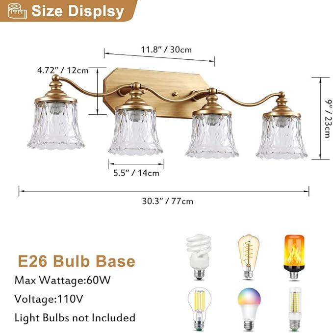 maesta Gold Bathroom Light Fixtures, 4 Light Bathroom Vanity Light, Matte Antique Gold Finish with Crystal Glass Shade, Gold Vintage Vanity Light for Bathroom, Living Room, Bedroom, Hallway