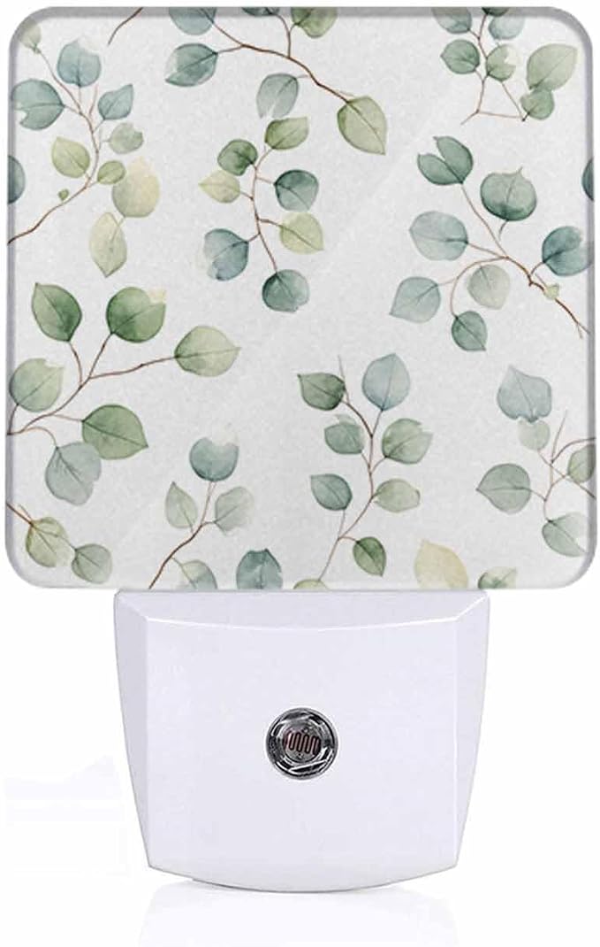 Green Leaves Night Light Plug-into Wall Eucalyptus Round Leaved Branches Nightlight Lamp with Dusk to Dawn Sensor, Led Lamp 0.5W Energy Efficient for Home Decor