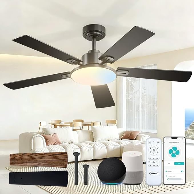Amico Ceiling Fans with Lights, 52 inch Smart Ceiling Fan with Remote/APP/Alexa Control, Downrod Mount, Reversible DC Motor, 5 Blades, 6 Speeds, 3CCT, Dimmable, Noiseless, Bedroom, Living Room, Black