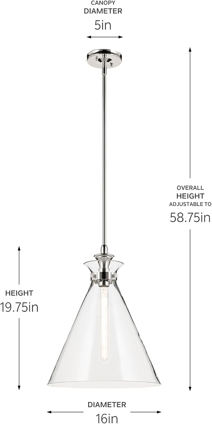 Kichler Laria Pendant Light, Clear Glass, Polished Nickel | Sloped ceiling compatible pendant light for kitchen islands and dining rooms (19.75" x 16"), 52775PNCLR