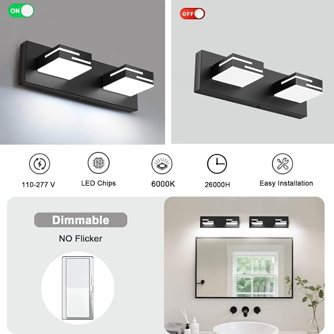 LED Modern Bathroom Vanity Light Fixtures, Dimmable Matte Black Vanity Lights for Bathroom Lighting Fixtures Over Mirror, with 360° Rotatable Acrylic Heads 2-Light 16-inch (Cool White 6000K)