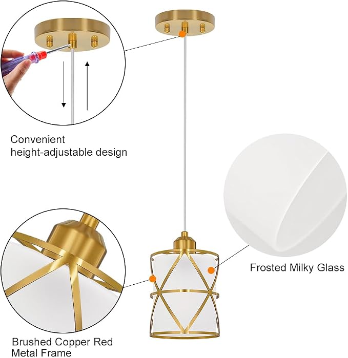 Brushed Gold Pendant Lights for Kitchen Island Set of 2, Pendant Lights Kitchen Island with Frosted Glass Shade, Modern Bathroom Pendant Lighting for Foyer, Dining Room, Entryway - Adjustable Height