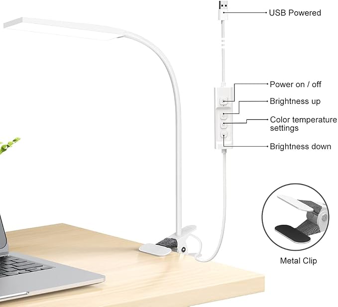 LED Desk Lamp, 5W USB Clip on Light Eye-Caring Reading Clamp Table Lamp with 48 LEDs Flexible Neck, 3 Color Modes and 14 Brightness Levels for Office Bedroom Study (White)