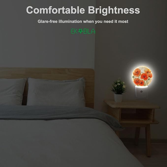 EKOBLA Poppy Flower Night Light, Vintage Red Orange Floral Night Lights Plug Into Wall with Dusk to Dawn Sensor for Hallway