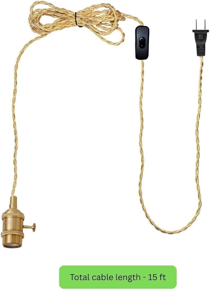 Plug in Pendant Light - Farmhouse Style Hanging Lamp Cord with Switch and Brass Fixtures - 15 ft
