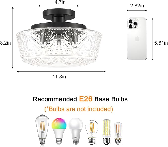 Daunton 3 Light Semi Flush Mount Ceiling Light Fixtures, Matte Black Hallway Light Fixtures with Thickened Glass, Vintage Ceiling Light Fixture for Bedroom Closet Entryway Bathroom Kitchen, E26*3