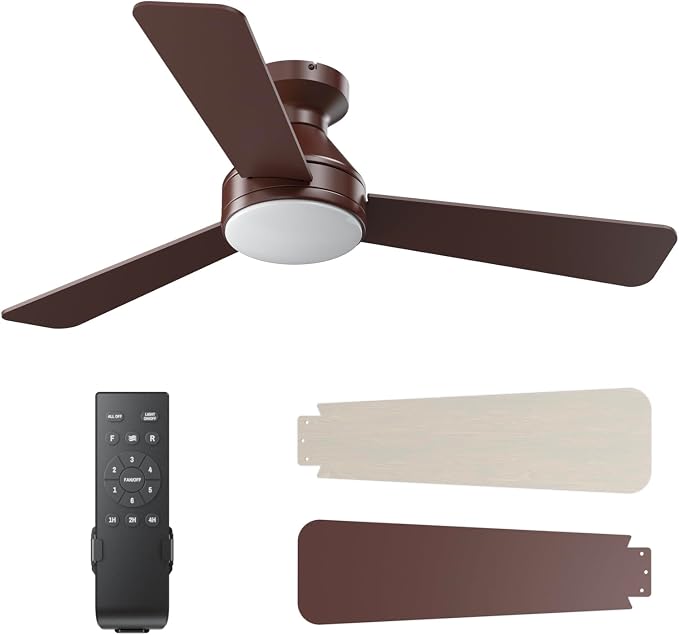 42 Inch Ceiling Fans with Lights And Remote, 3CCT/Flush Mount/6 Speed/Brown | Flush Mount Low Profile Ceiling Fan, 6 Speed Noiseless LED Ceiling Fan, Advanced Brown Ceiling Fan for Bedroom Living Room
