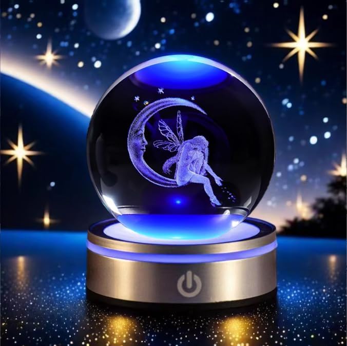 3D Moon Fairy Crystal Ball with LED Stand, 80mm Fairies Figurines Decor Glass Sphere Balls Lamp Night Light Gifts for Women Kids Mom Girls