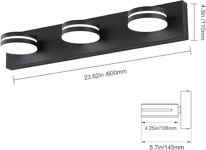 3-Light Bathroom Vanity Light Over Mirror, (24inch Dimmable) Matte Black LED Vanity Lighting Fixtures, Modern Bathroom Wall Light Fixtures with 360°Rotating Head (Cool White 5500K)