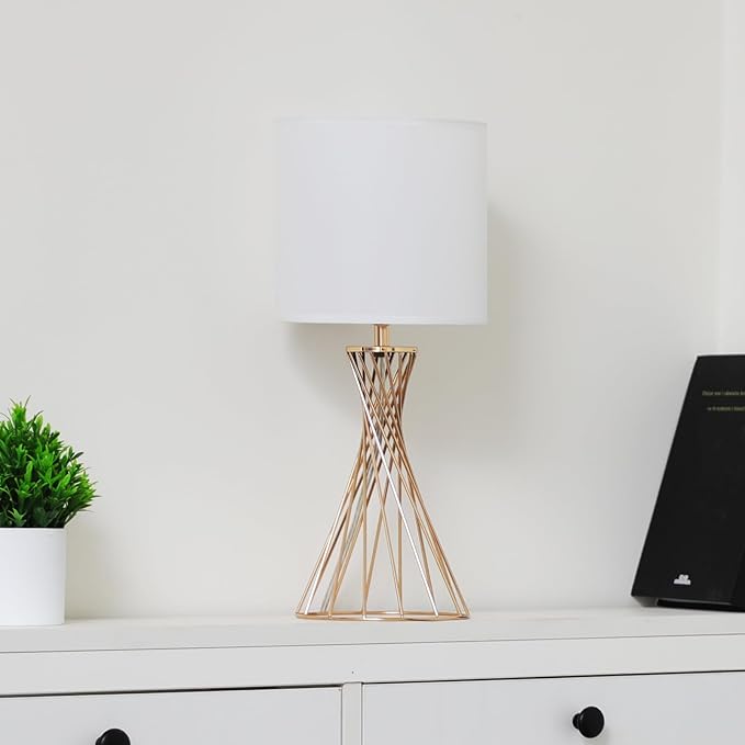 Gold Table Lamp, Small Cute Gold Desk Lamp, Nightstand Lamp, Modern Bedside Lamp with White Fabric Shade, Metal Geometric Hollow Out Base Lamps for Living Room Bedrooms Kids Room