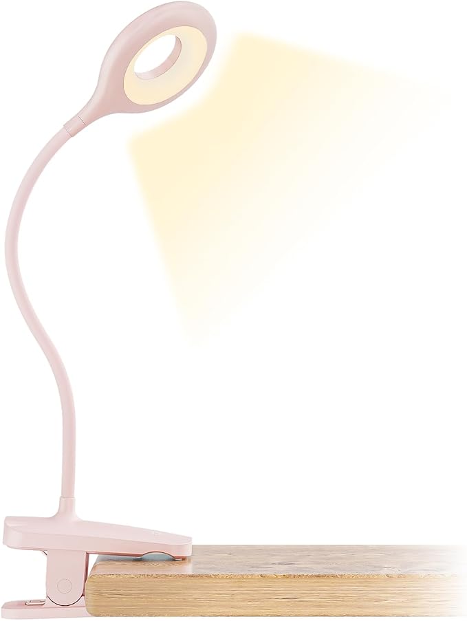 CUHIOY Rechargeable Clip on Reading Light for Bed Headboard, Pink, 1 Pack | Large Clamp Flexible Neck, Battery Desk Lamp, 5 Color 5 Brightness Touch Control, Flicker-Free LED Bedside Night Light