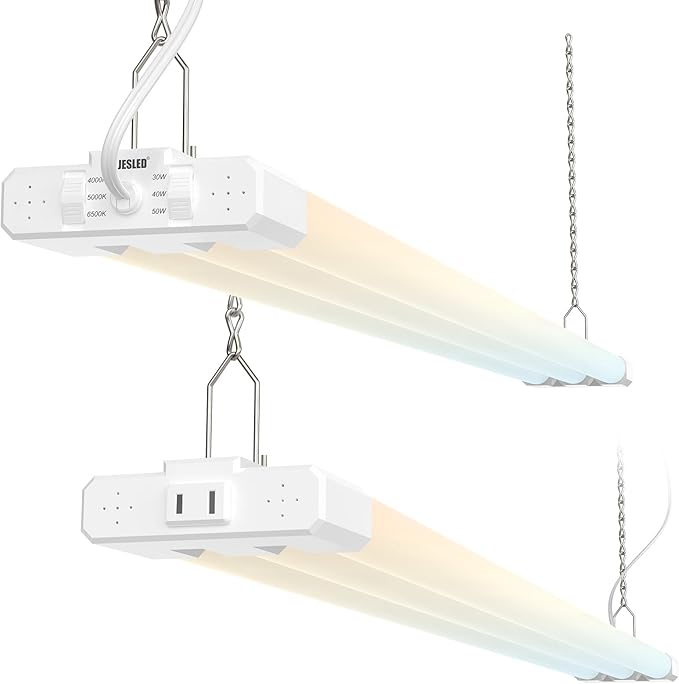 JESLED 4FT LED Shop Lights, 4000K/5000K/6500K Selectable, 30W/40W/50W Adjustable, 5400-7500LM, Commercial Linkable Utility LED Light for Garage, Plug and Play, Ceiling & Suspension Mount, ETL,2P