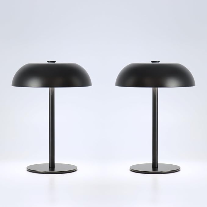 2 Pack Cordless Mushroom Table Lamp, Rechargeable, Dimmable 3 Color, Black | Small, 8.46in, Portable, Easy to Assemble, Metal Structure, Rechargeable, Suitable for Bedroom, Café, and Bar Counter