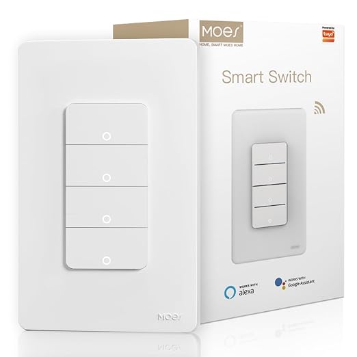 MOES WiFi Smart 4 Gang Light Switch, Neutral Required, White | Inteligente Single Pole Switch, Compatible with Alexa Google Assistant, Remote Control, No Hub Required