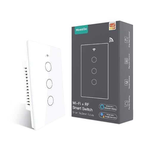 MoesGo WiFi RF433 Smart Touch Light Switch, No Neutral Wire, White 3 Gang | Single live wire design, 2.4GHz WiFi only, minimum load 5W, Smart Life Tuya app remote, works with Alexa and Google Home