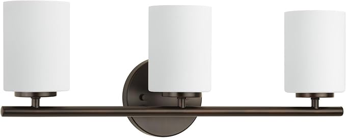 Progress Lighting Replay Collection 3 Light Bathroom Vanity Light, Modern Bath Lighting Fixture with Etched White Glass Shades for Over the Mirror, Reversible Mounting, Antique Bronze