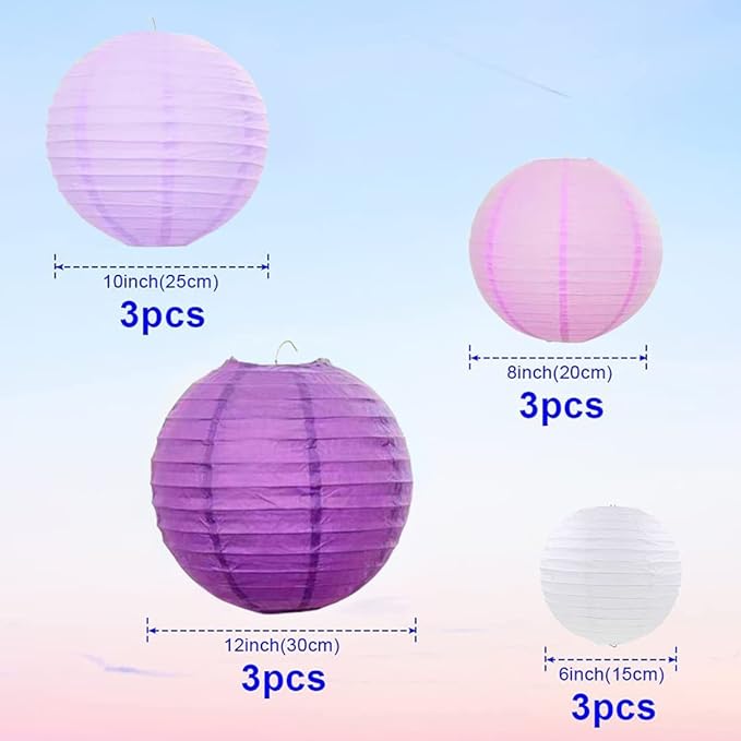 Purple Paper Lanterns 12 Pcs Assorted Size of 6" 8" 10" 12" Chinese Round Paper Hanging Decorations Ball Lanterns Lamps for Home Decorations, Parties, and Weddings
