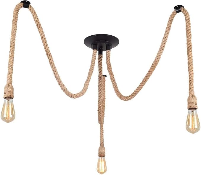 3-Light Hemp Rope Chandelier,Industrial Vintage Spider Ceiling Light Fixture,Rustic Farmhouse Hanging Pendant Light with Natural Jute Rope,E26 Base for Dining Room Kitchen Bedroom Cafe Bar