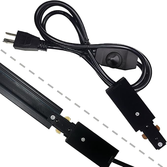 Black Track Lighting Live End Cord, 4.92FT H Track Live End Feed Connector with Inline Dimmer Switch, Suitable for H Type Single Circuit 3-Wire-1 Track Lighting Systems