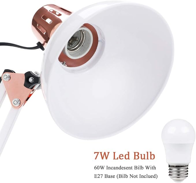 PowerKing Metal Swing Arm Desk Lamps with Base & Clamp, White Rose Gold | Adjustable Architect Lamp, On Off Switch, Fits E26 E27 Bulbs, Eye-Caring Reading Light, for Home Office Work Study