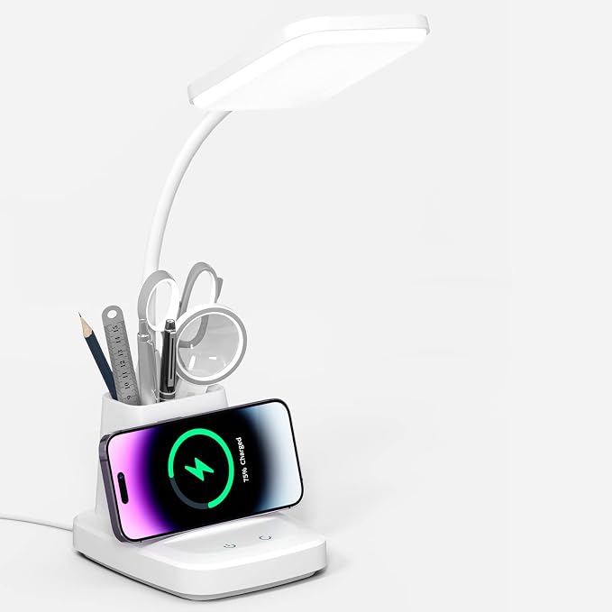 LED Desk Lamp with Wireless Charger for Home Office, White | 3 Color Modes Dimmable Eye-Caring Study Desk Light for College Dorm, 360° Flexible Arm, with Pen Holder, 800 Lumen, Square
