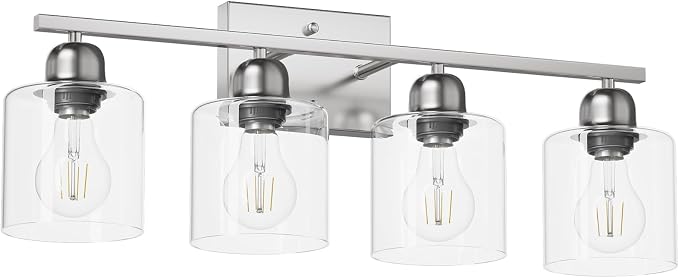 Modern Brushed Nickel 4 Light Bathroom Light Fixtures, 24 inch Vanity Lights for Bathroom with Clear Glass, Bathroom Vanity Light for Mirror Kitchen Living Room Hallway Cabinet Porch