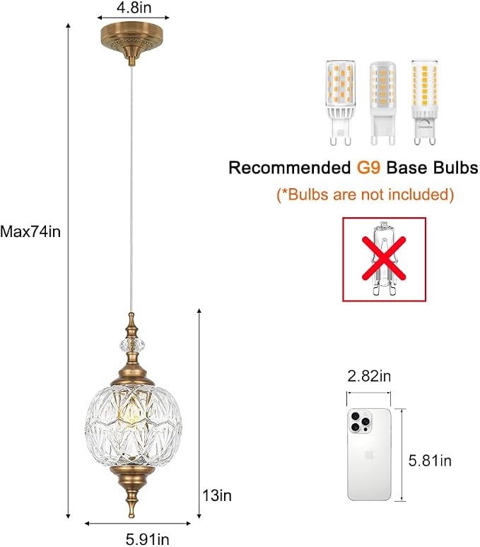 Vintage Pendant Lights Kitchen Island Set of 2, Brass Bathroom Pendant Light with Small Detachable Glass, Modern Classic Adjustable Hanging Light for Kitchen, Hallway, Table, G9 Base, Brown Bronze