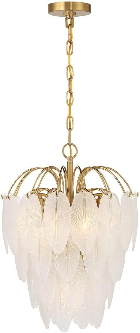 Savoy House 1-3507-5-322 Boa Breegan Jane Designed Mid-Century Bohemian Clear Frosted Glass Feather Chandelier, 5-Light 300 Total Watts, 22" H x 16" W, Warm Brass