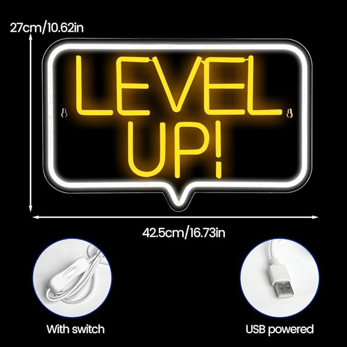 Level Up Neon Sign,Gaming Neon Light for Teens Room Decor, Arcade Games Victory Light Up Signs for Gamer Room Decor,for Teens, Boys, Gamer Gifts(16.73x10.62 inches)