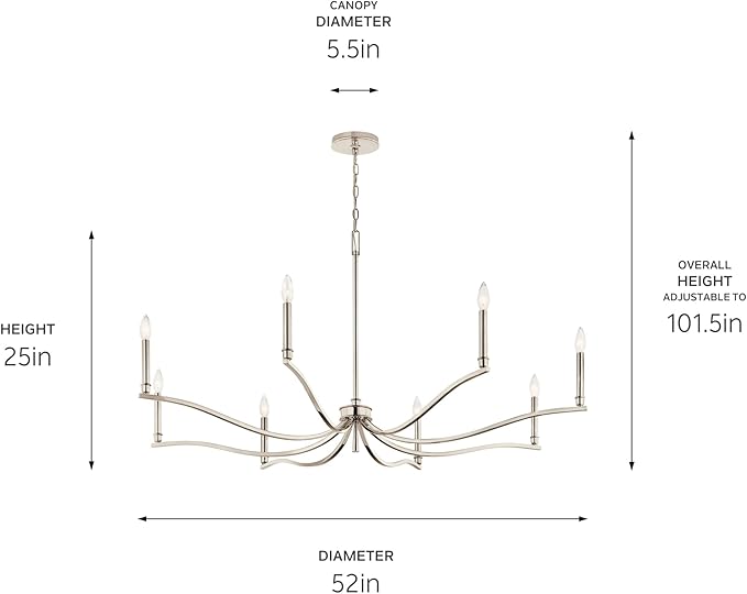 Kichler Malene 8-Light Chandelier, Updated Traditional Light in Polished Nickel, Sloped Ceiling Compatible, for Foyer, Dining Room or Living Room (25" x 52"), 52697PN