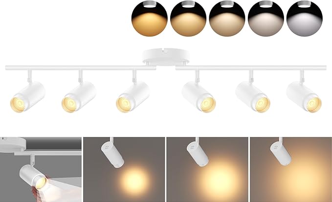 5-Color Zoomable 6 Light Track Lighting Fixtures Ceiling for Kitchen, Dimmable LED Track Lighting Kit, Ceiling Spotlight Flush Mount Adjustable Directional Spot Lights Indoor, CRI90 45W, White