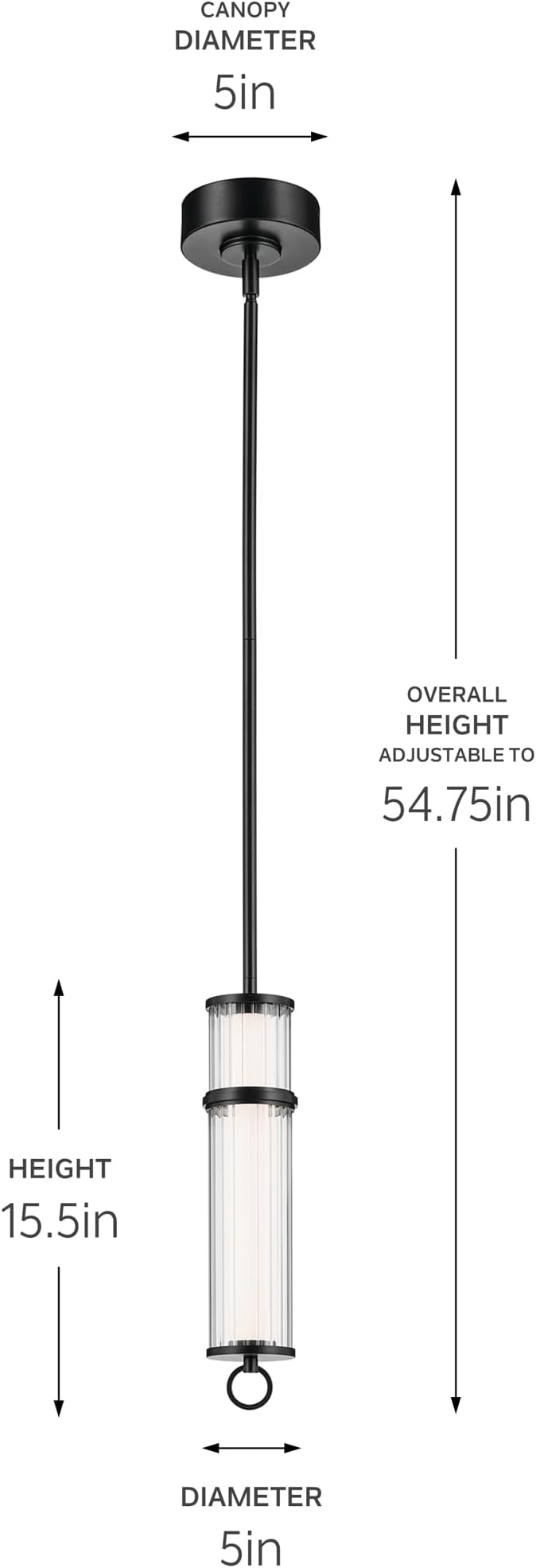 Kichler Riven LED 1-Light Pendant with Clear Fluted Glass in Black, Sloped Ceiling Compatible, for Kitchen or Dining Room (15.5" x 5"), 52755BKLED