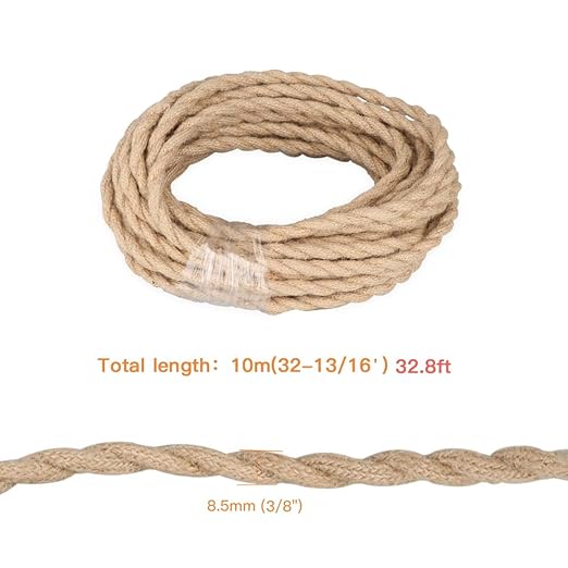 Helunsi 32.8ft Twisted Electric Rope Light, 18/2 Hemp Rope Covered Lamp Twisted Wire, 18-Gauge Vintage Light Pendant Cord, Antique Industrial Electrical Wire Rope