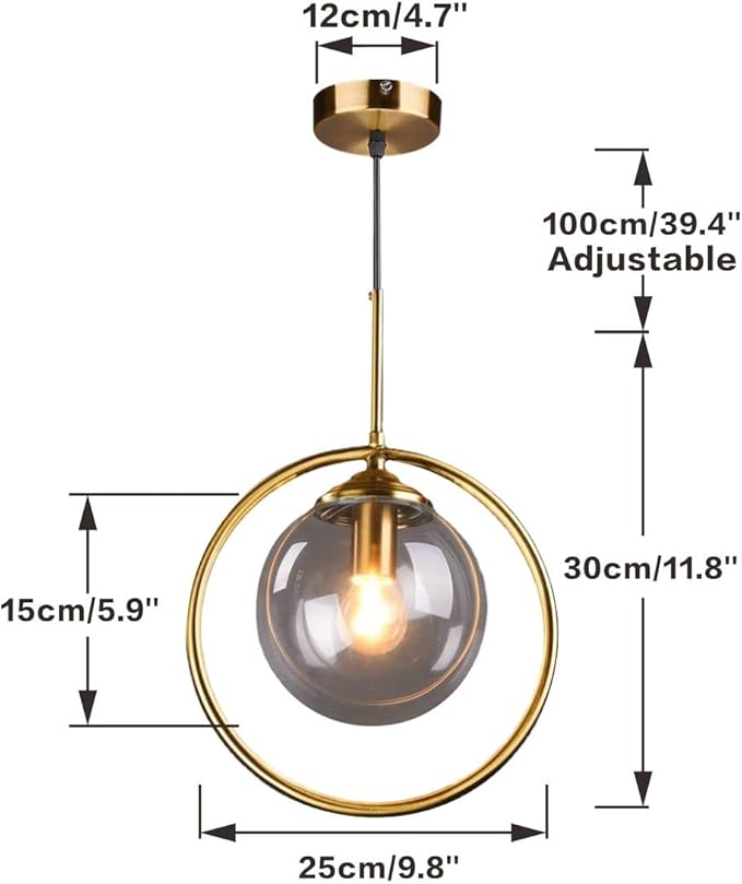 BOKT Mid Century Modern Large Globe Pendant Light Fixture Smoke Grey Glass Pendant Lighting Vintage Gold Circle Round Pendant Hanging Lights Minimalist Single Bathroom Lighting