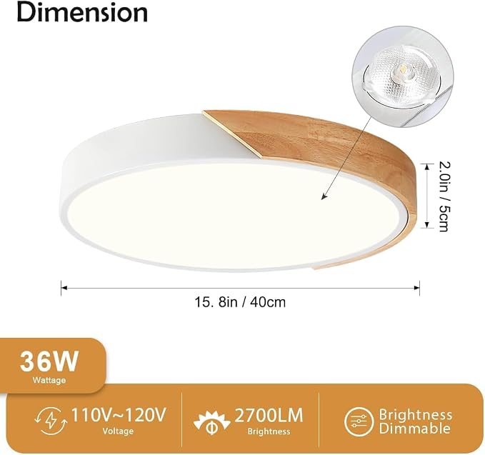 Modern Dimmable Wood Ceiling Light, White Flush Mount Ceiling Light Fixture, 5CCT Minimalist Round Ceiling Lamp for Bedroom Hallway Entryway Laundry Room Dining Room, 15.74"