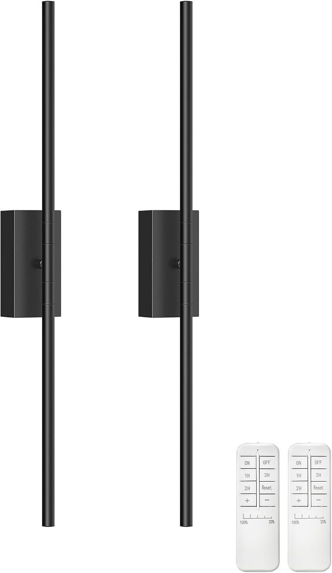 27.6" Wireless Wall Sconces Battery Operated Set of 2, Rechargeable Lamps with Remote, 360° Rotation, 10000mAh, Touch Dimmable Lights for Bedroom, Living Room, Hallway, Black B06YBP205